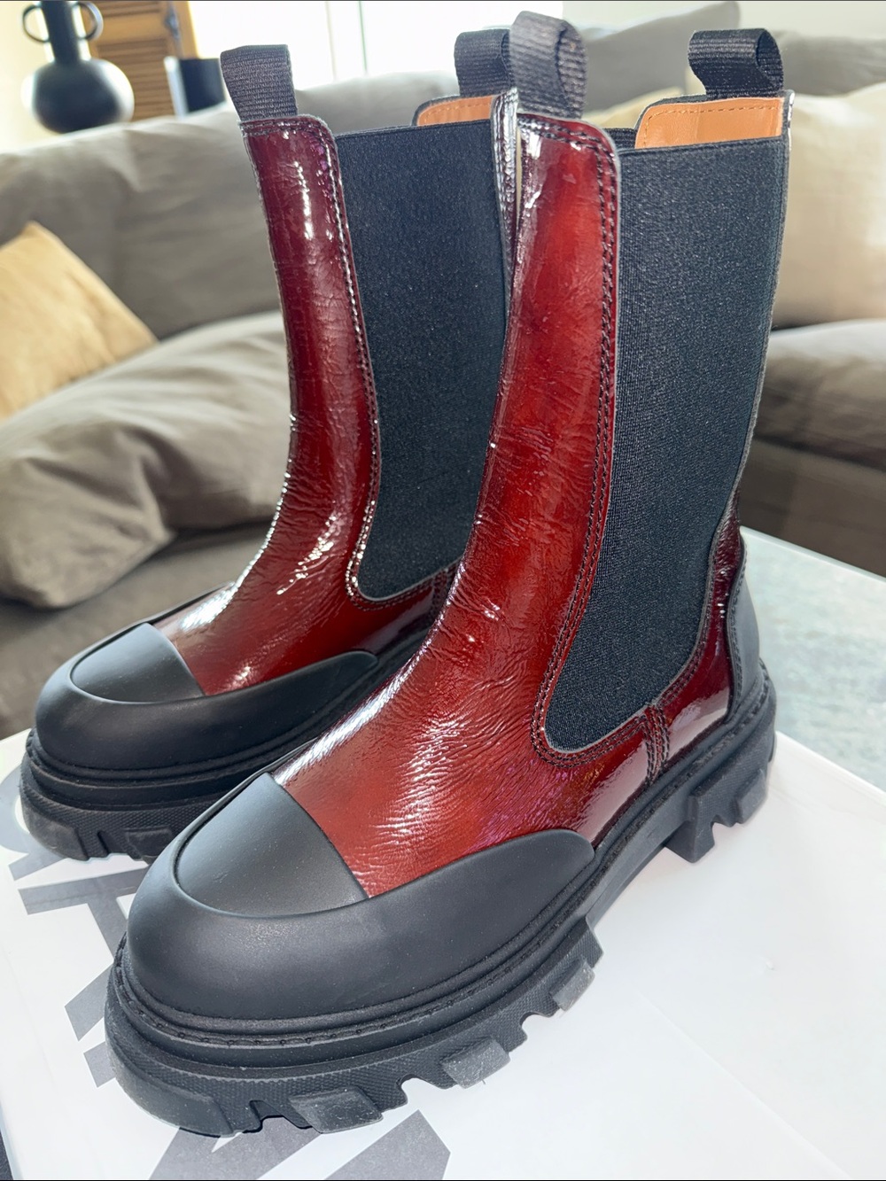 NIB Ganni Burgundy Patent Leather Chukka Boots with Black Lug Sole